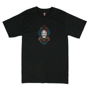 Size S Tshirt Embroidered Colorful Floral Scull with Rhinestones Unisex Black
